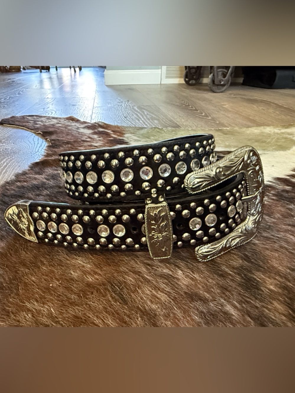 3-D Belt Genuine Cowhide tooled studded gems leather belt sz 36